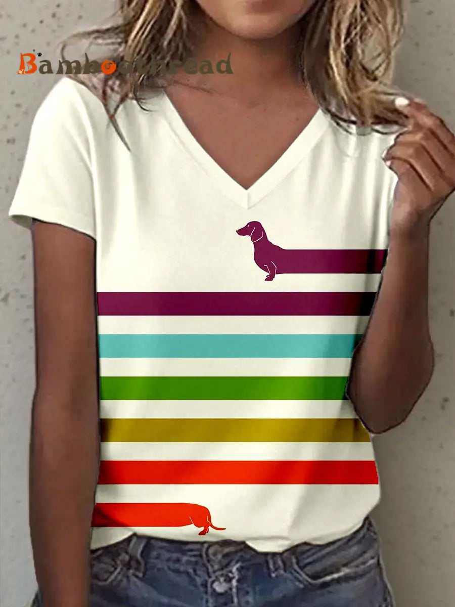 Women’s Dachshund Art Print V-Neck T-Shirt As picture / S