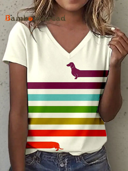 Women’s Dachshund Art Print V-Neck T-Shirt As picture / S