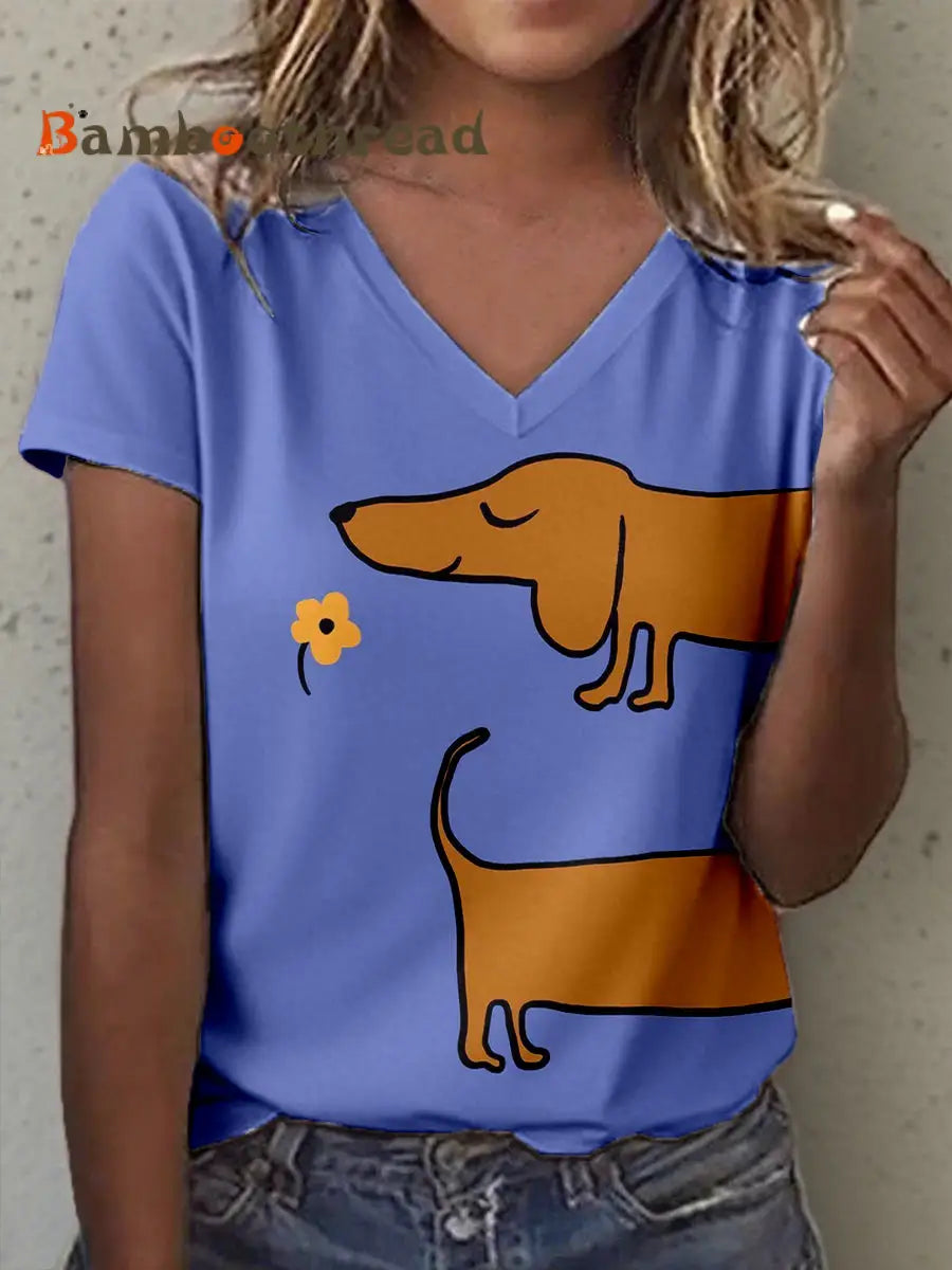 Women’s Dachshund Art Print V-Neck T-Shirt As picture / S