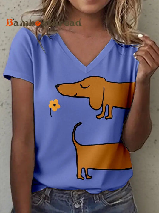 Women’s Dachshund Art Print V-Neck T-Shirt As picture / S