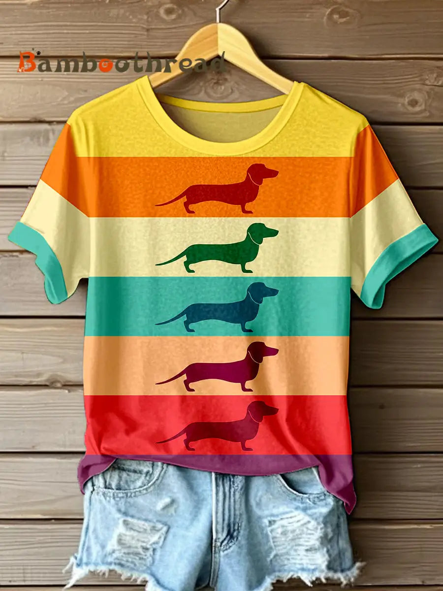 Women’s Dachshund Colorful Striped Print T-Shirt As picture / S