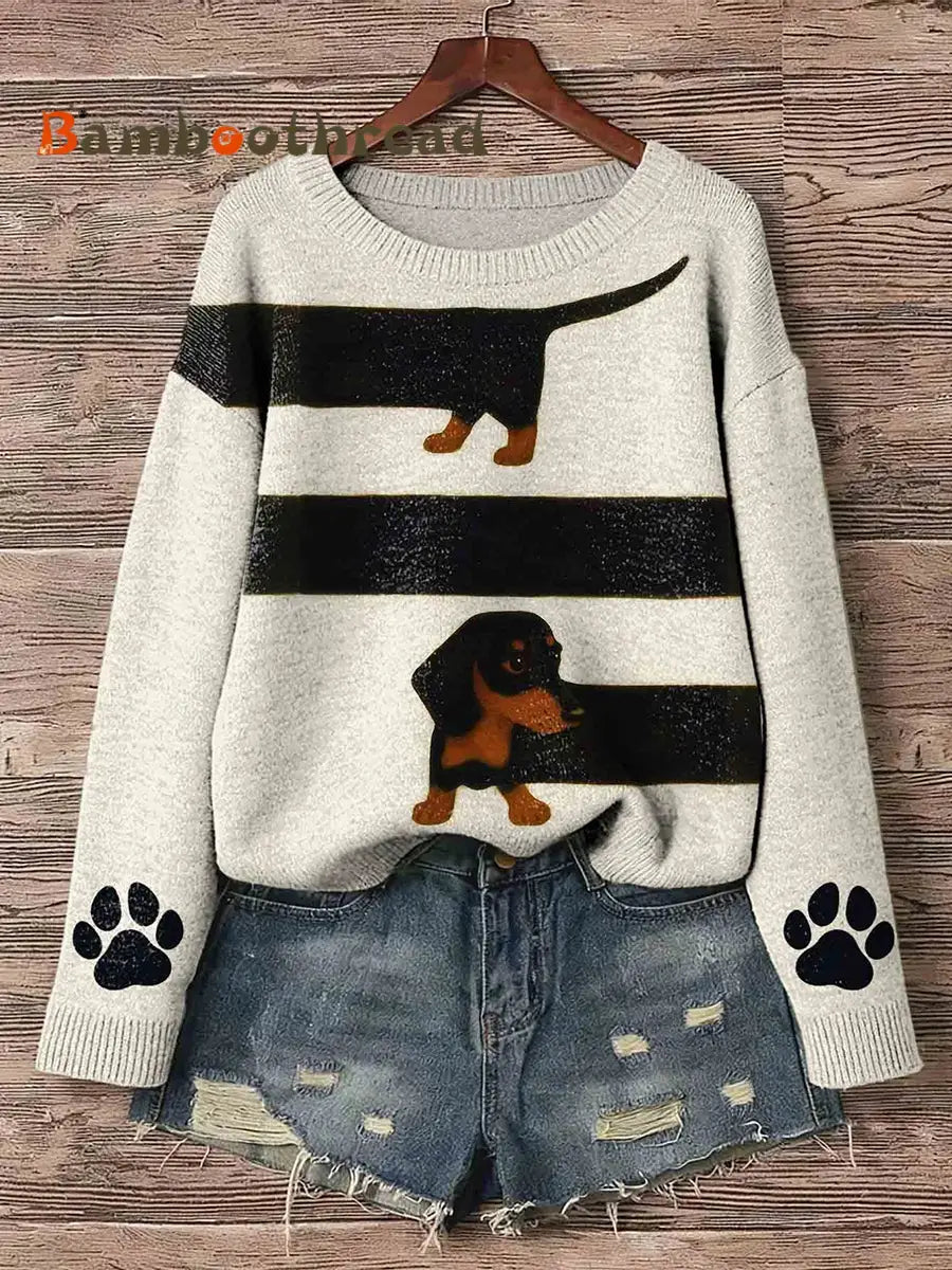 Women’s Dachshund Dog Art Print Pullover Sweater Beige / S