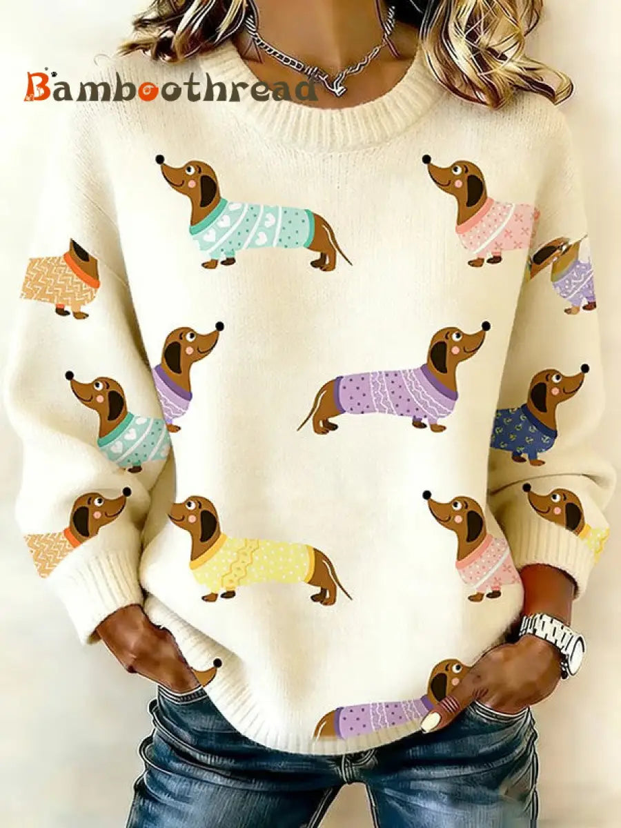 Women’s Dachshund Dog Knitted Sweatshirt Apricot / S