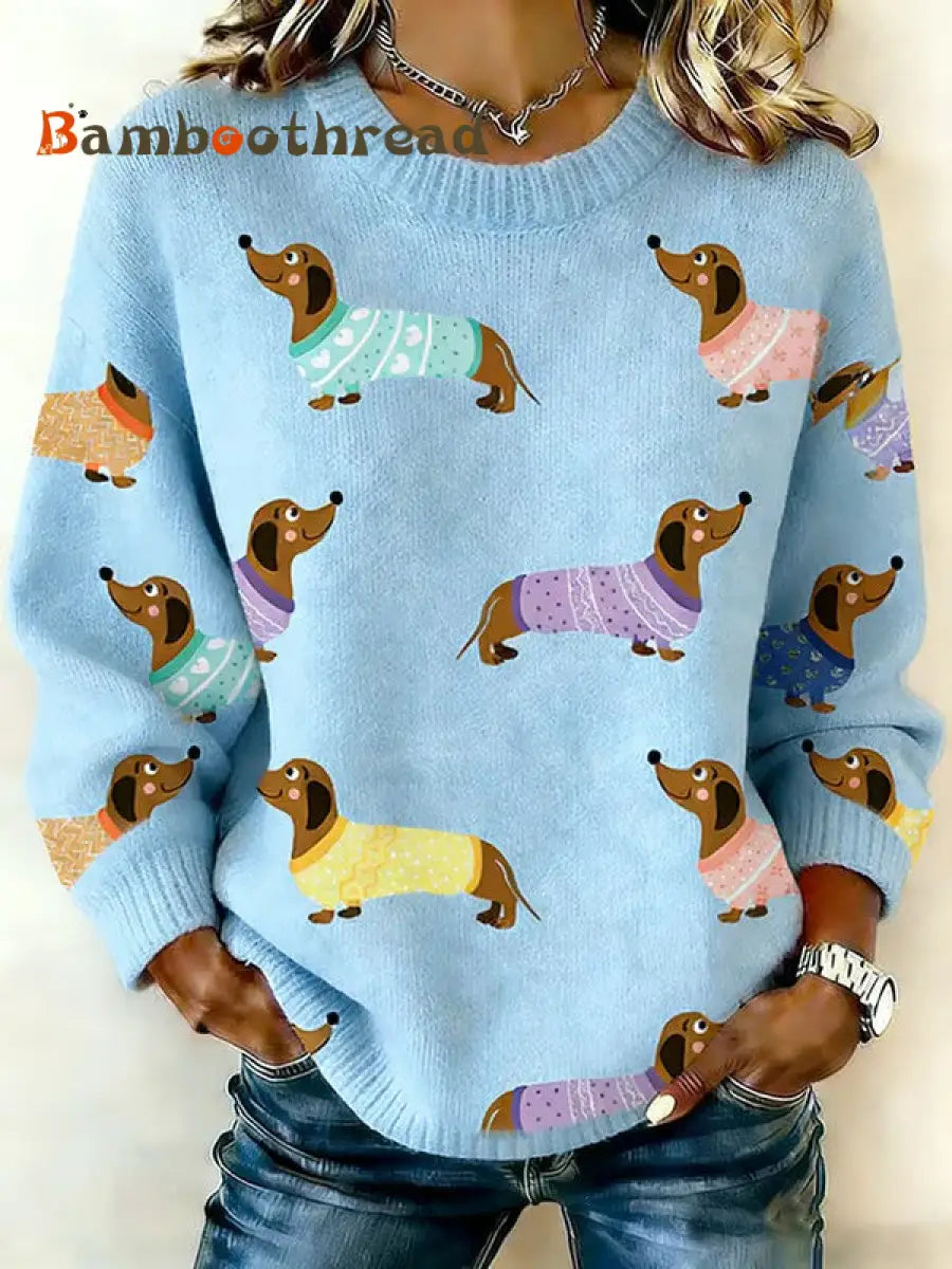 Women’s Dachshund Dog Knitted Sweatshirt Blue / S