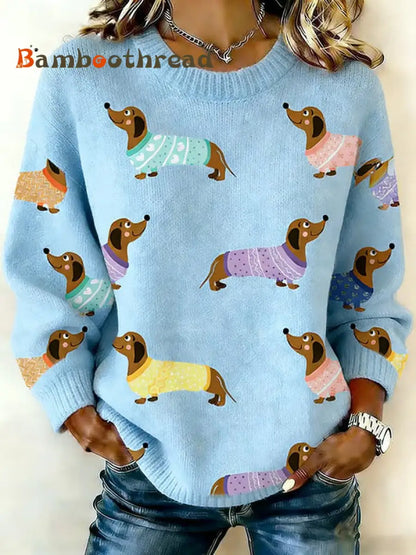 Women’s Dachshund Dog Knitted Sweatshirt Blue / S