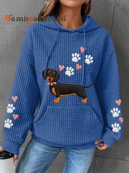 Women’s Dachshund Love Heart Print Dog Lovers Casual Waffle Hoodie