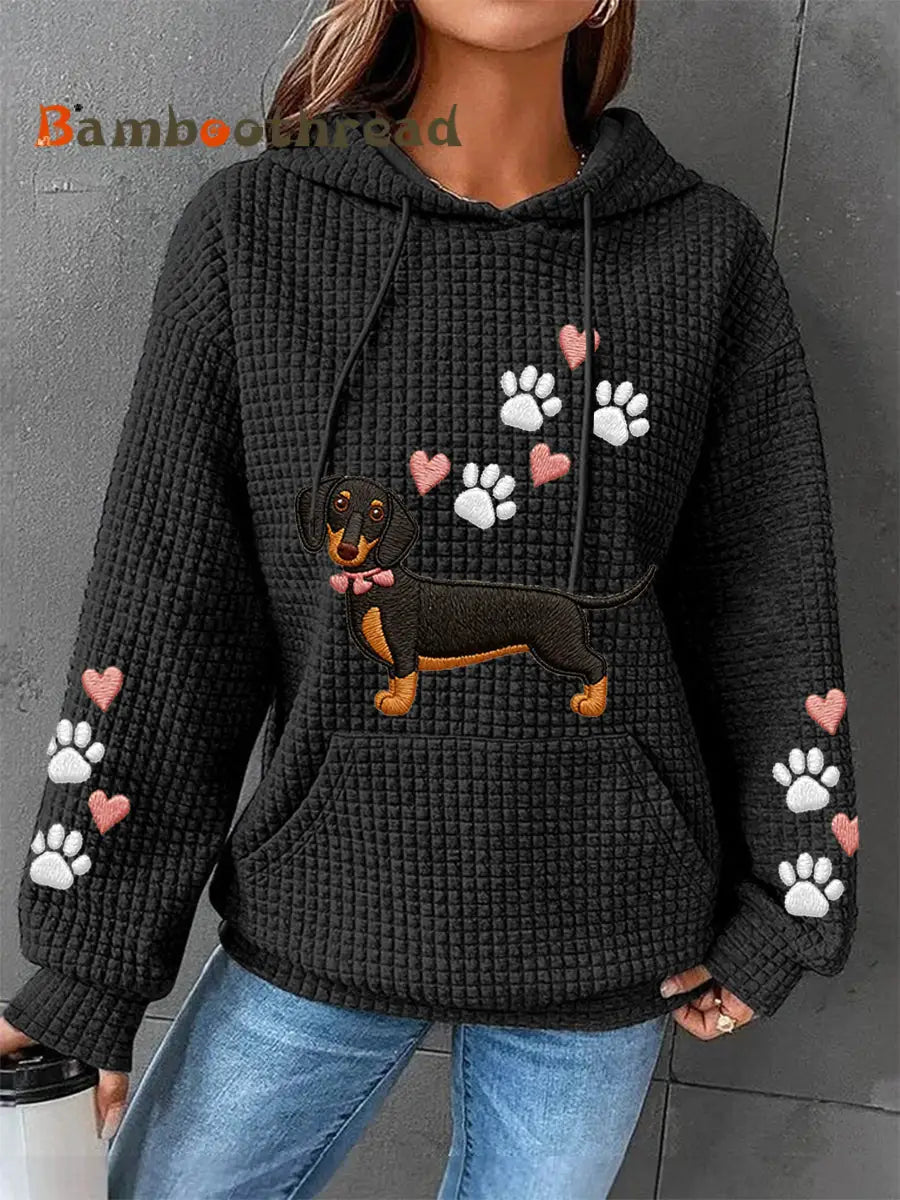 Women’s Dachshund Love Heart Print Dog Lovers Casual Waffle Hoodie Black / S