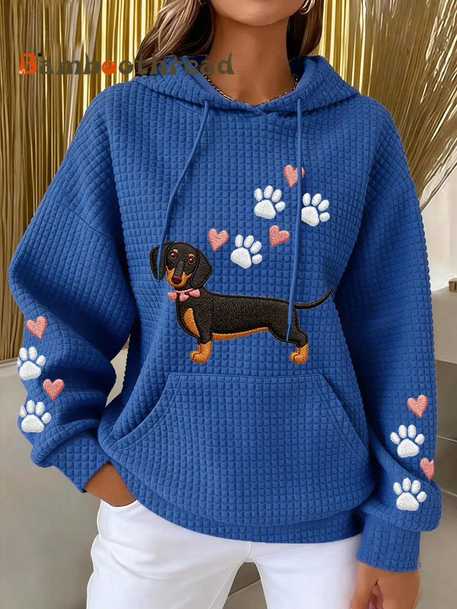 Women’s Dachshund Love Heart Print Dog Lovers Casual Waffle Hoodie Blue / S
