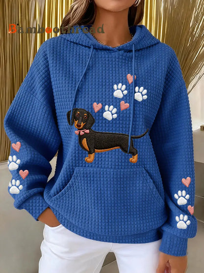 Women’s Dachshund Love Heart Print Dog Lovers Casual Waffle Hoodie Blue / S