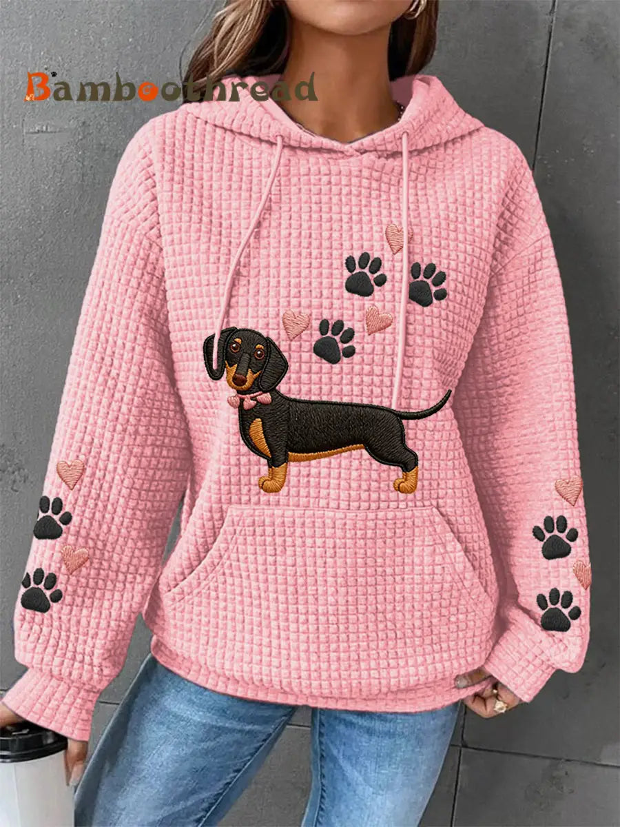 Women’s Dachshund Love Heart Print Dog Lovers Casual Waffle Hoodie Pink / S