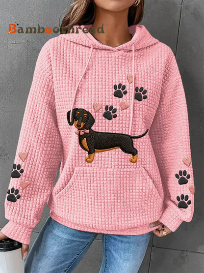 Women’s Dachshund Love Heart Print Dog Lovers Casual Waffle Hoodie Pink / S