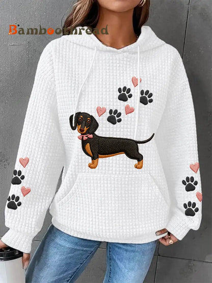 Women’s Dachshund Love Heart Print Dog Lovers Casual Waffle Hoodie White / S
