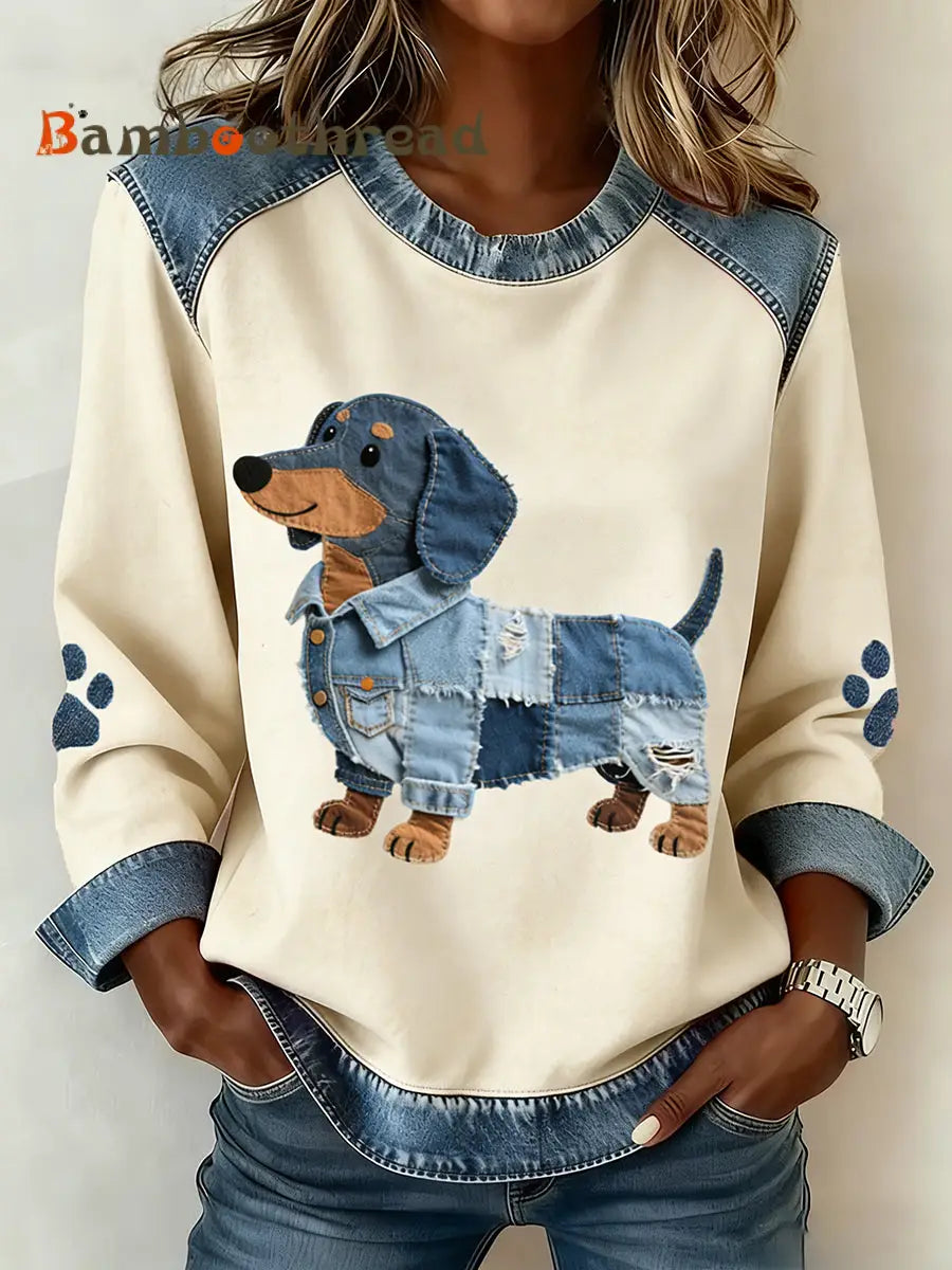 Women’s Dachshund Pattern Denim Patchwork Art Sweatshirt Apricot / S