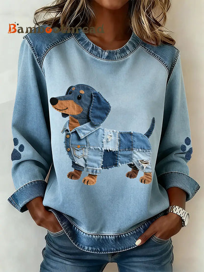 Women’s Dachshund Pattern Denim Patchwork Art Sweatshirt Blue / S