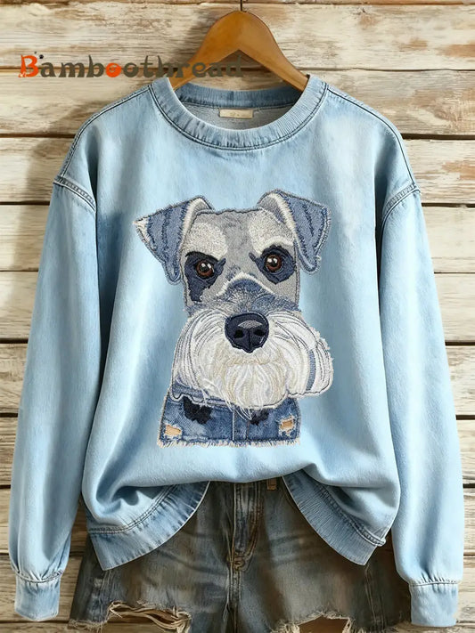 Women’s Denim Animal Print Round Neck Long Sleeved Sweater Light Blue / S