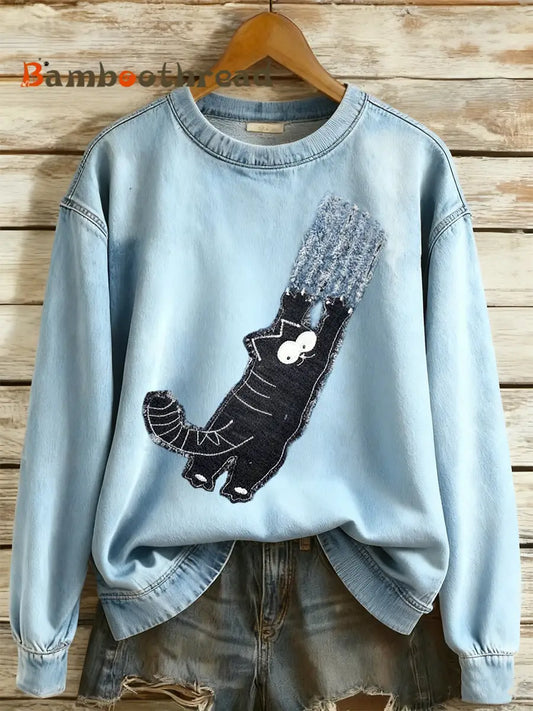 Women’s Denim Animal Print Round Neck Long Sleeved Sweater Light Blue / S