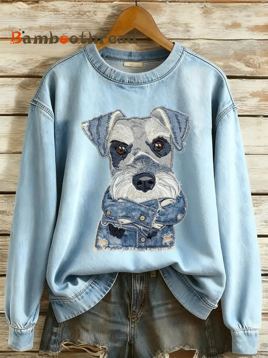 Women’s Denim Animal Print Round Neck Long Sleeved Sweater Light Blue / S
