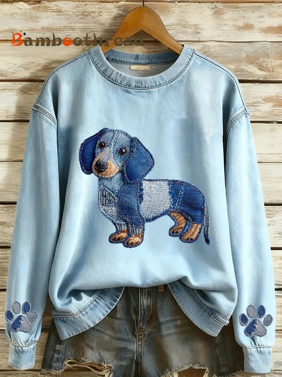 Women’s Denim Animal Print Round Neck Long Sleeved Sweatshirt Light Blue / S
