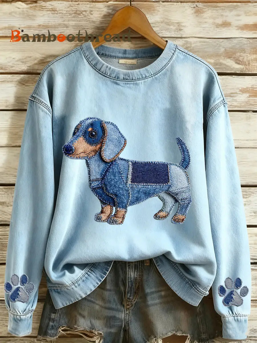 Women’s Denim Animal Print Round Neck Long Sleeved Sweatshirt Light Blue / S