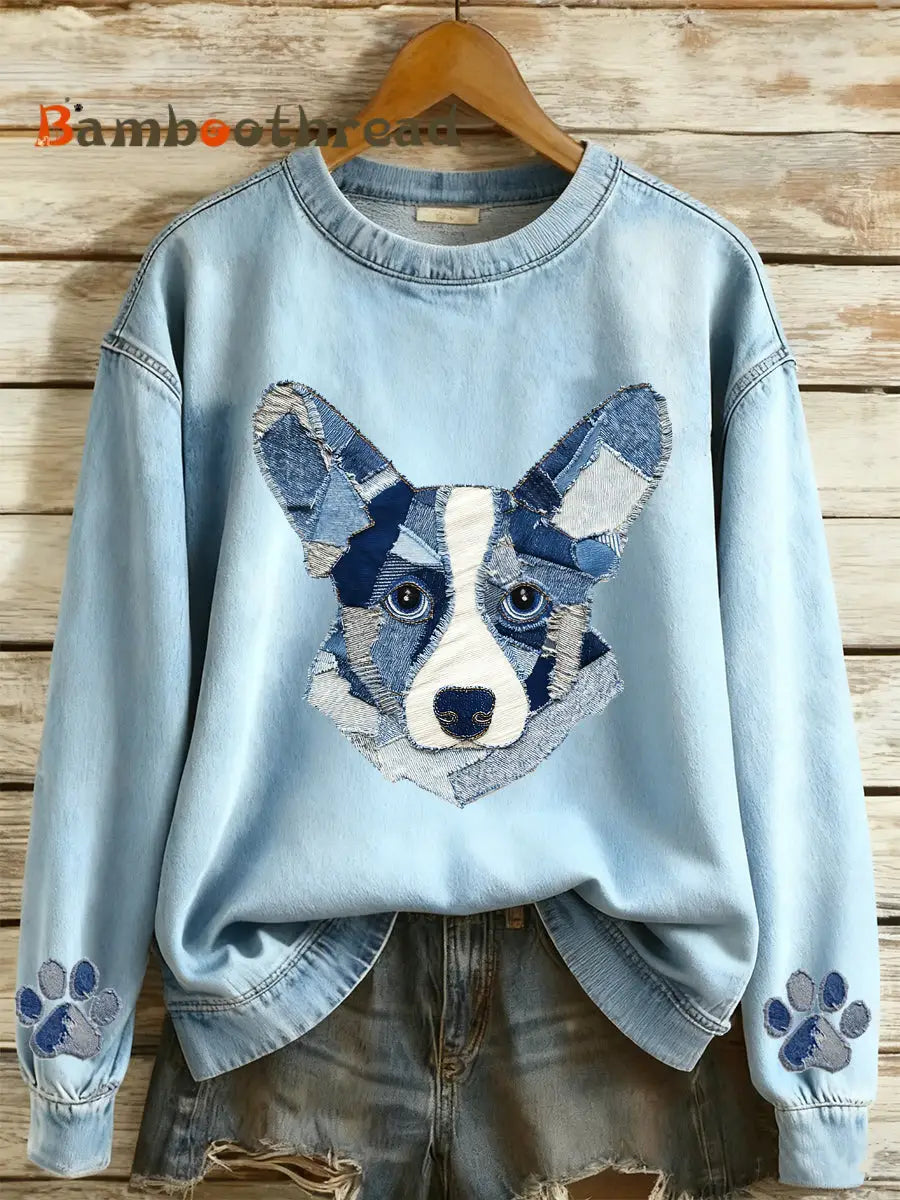 Women’s Denim Animal Print Round Neck Long Sleeved Sweatshirt Light Blue / S