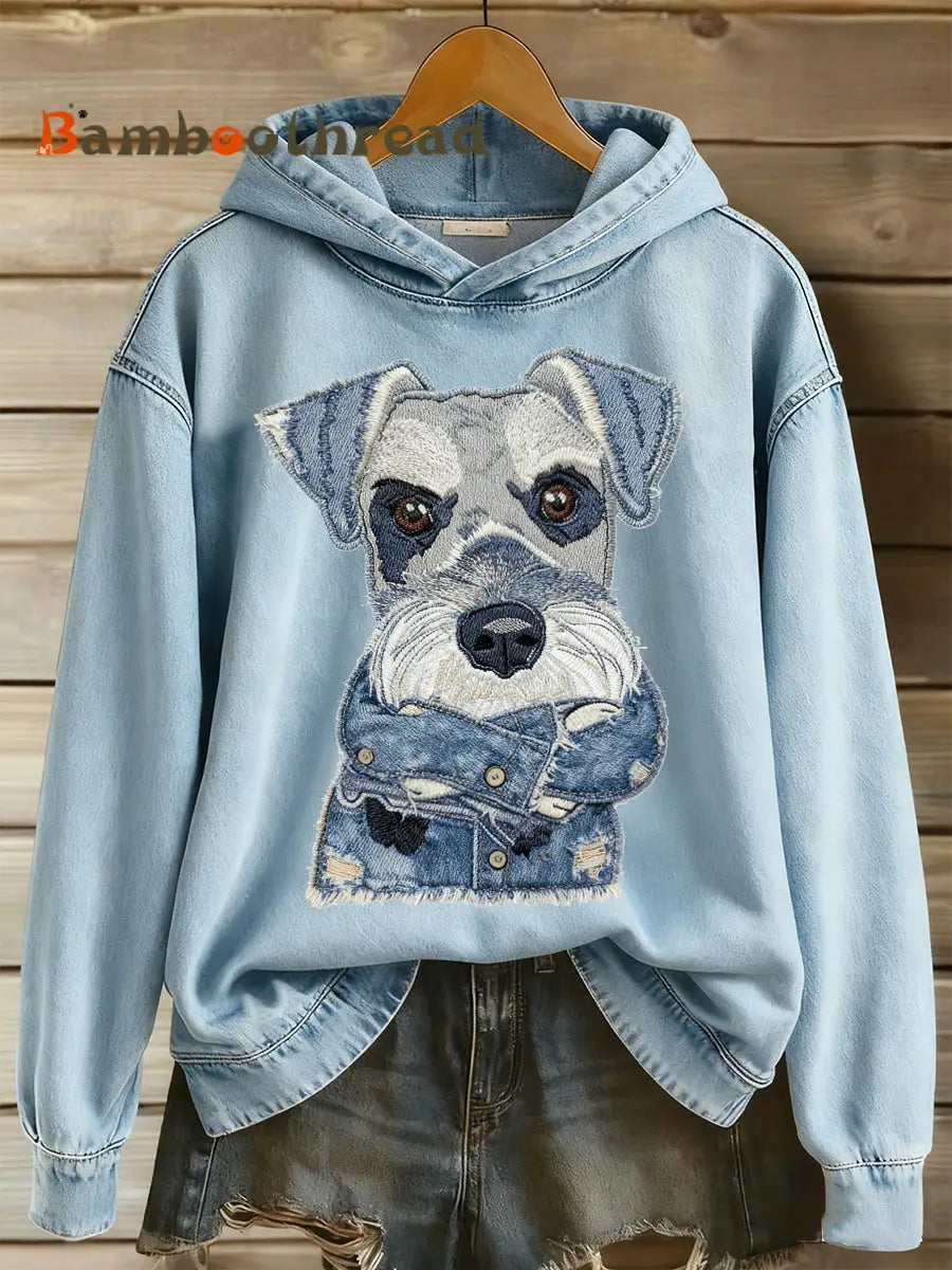 Women’s Denim Animal Printed Round Neck Long Sleeved Hoodie Light Blue / S