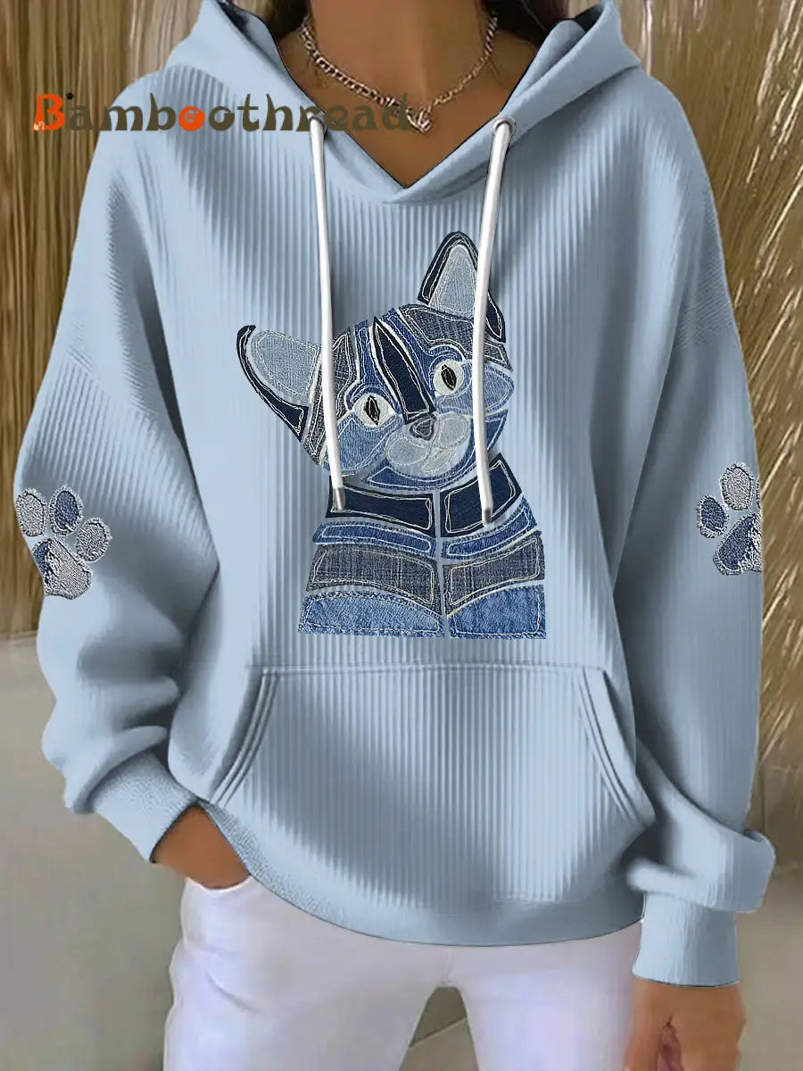 Women’s Denim Animal Printed Round Neck Long Sleeved Hoodie Light Blue / S