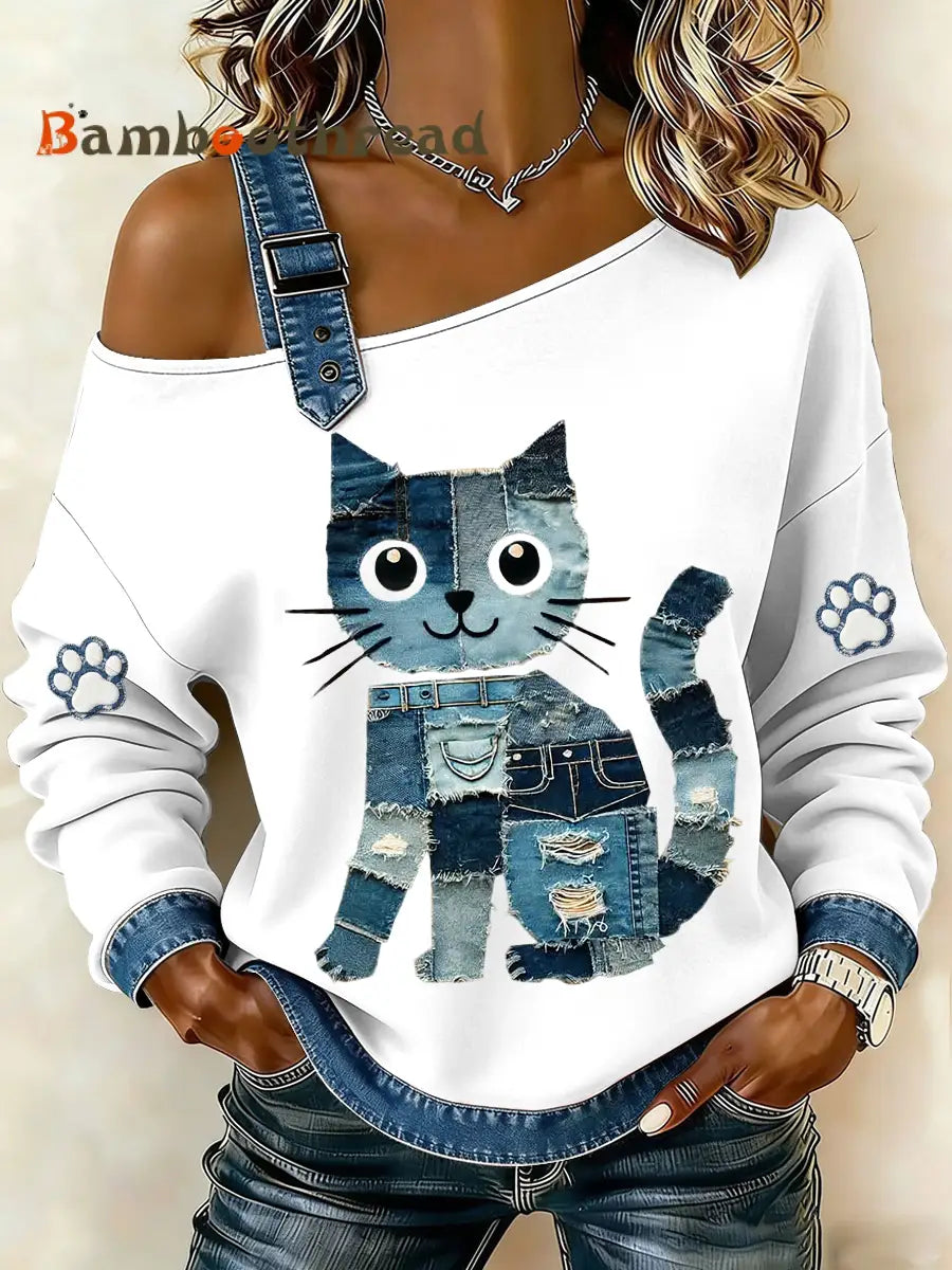 Women’s Denim Cat Printed Single Shoulder Sweatshirt White / S