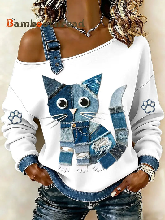 Women’s Denim Cat Printed Single Shoulder Sweatshirt White / S