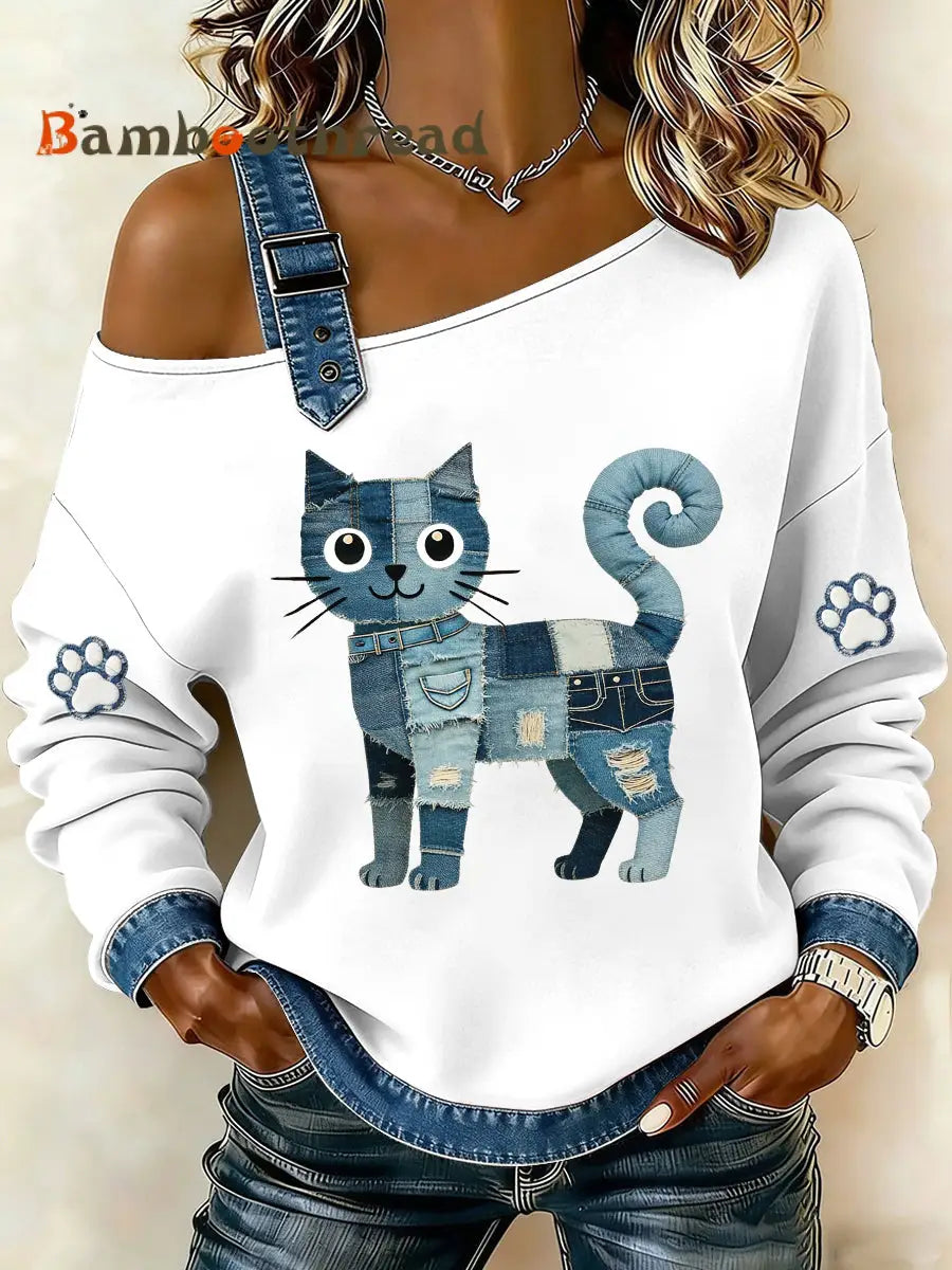 Women’s Denim Cat Printed Single Shoulder Sweatshirt White / S
