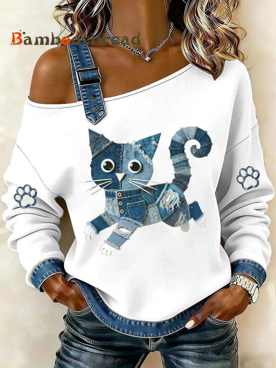 Women’s Denim Cat Printed Single Shoulder Sweatshirt White / S