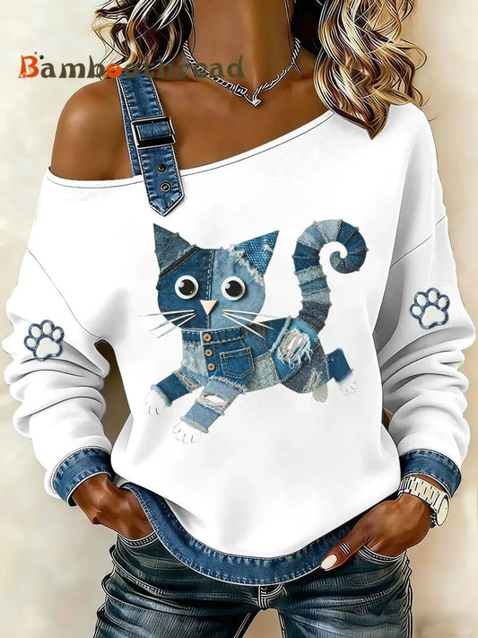 Women’s Denim Cat Printed Single Shoulder Sweatshirt White / S