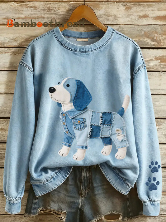 Women’s Denim Patchwork Art Beagle Dog Pattern Sweatshirt Blue / S