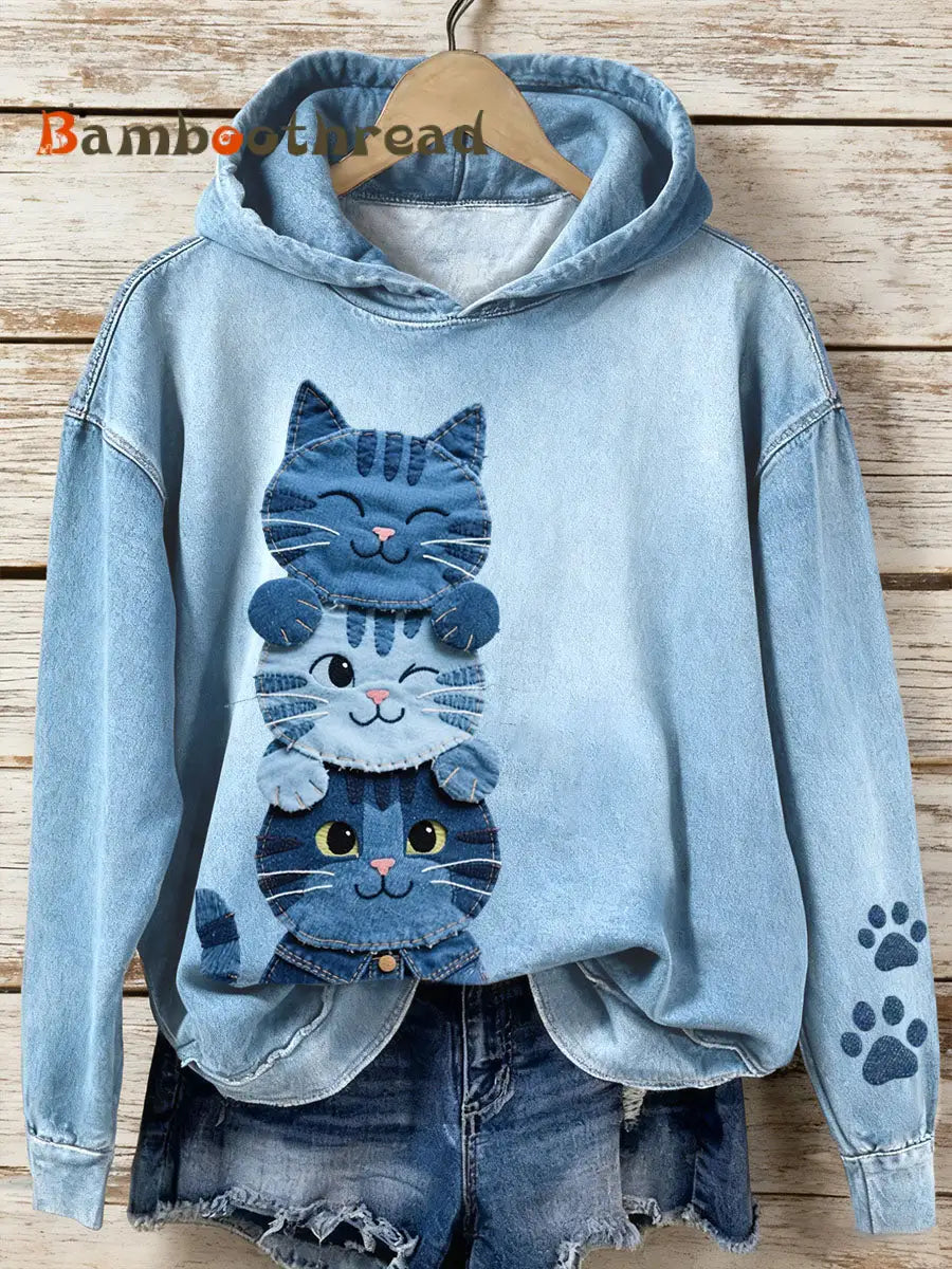 Women’s Denim Patchwork Art Cat Pattern Hoodie Blue / S