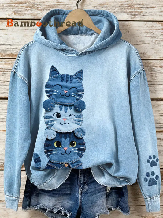 Women’s Denim Patchwork Art Cat Pattern Hoodie Blue / S