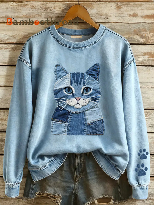 Women’s Denim Patchwork Art Cat Pattern Sweatshirt Blue / S