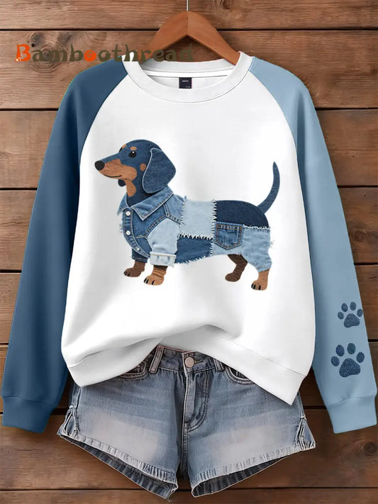 Women’s Denim Patchwork Art Dachshund Dog Pattern Sweatshirt As picture / S
