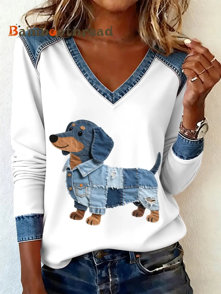 Women’s Denim Patchwork Art Dachshund Dog Pattern V-neck Long Sleeve T-Shirt As picture / S