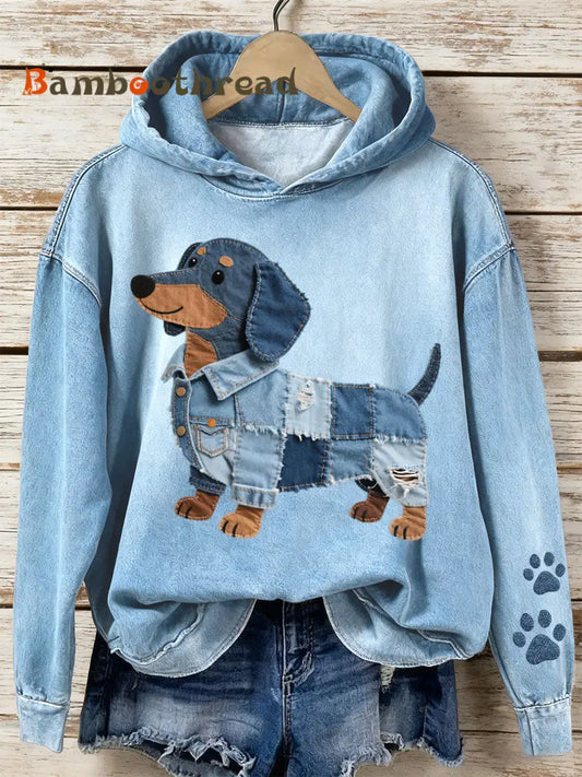 Women’s Denim Patchwork Art Dachshund Pattern Hoodie Blue / S