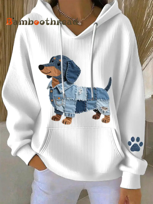Women’s Denim Patchwork Art Dachshund Pattern Hoodie White / S