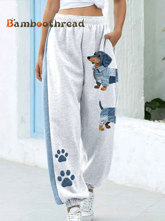 Women’s Denim Patchwork Art Dachshund Pattern Pants As picture / S