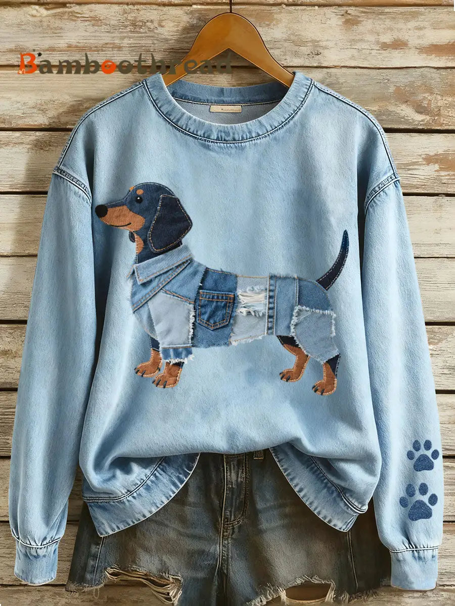Women’s Denim Patchwork Art Dachshund Pattern Sweatshirt Blue / S