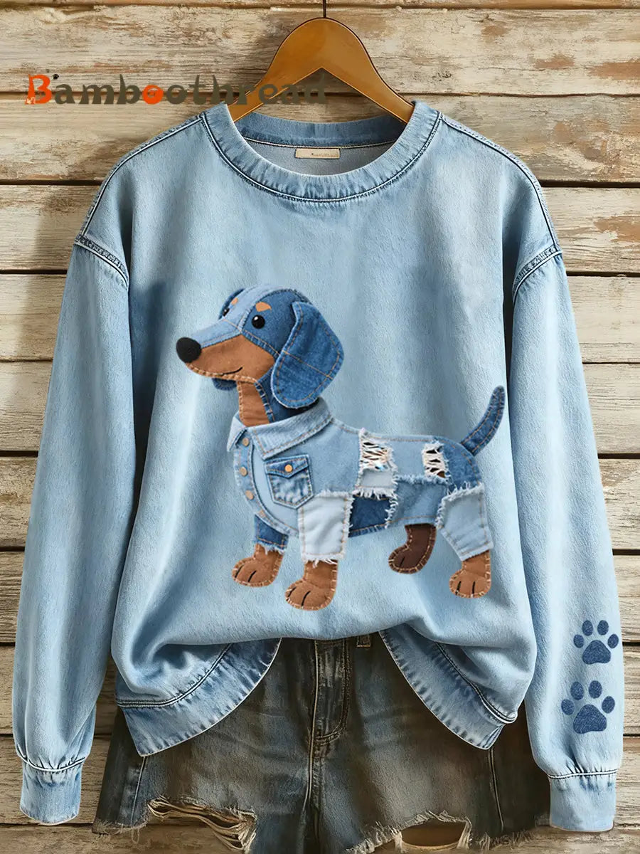Women’s Denim Patchwork Art Dachshund Pattern Sweatshirt Blue / S