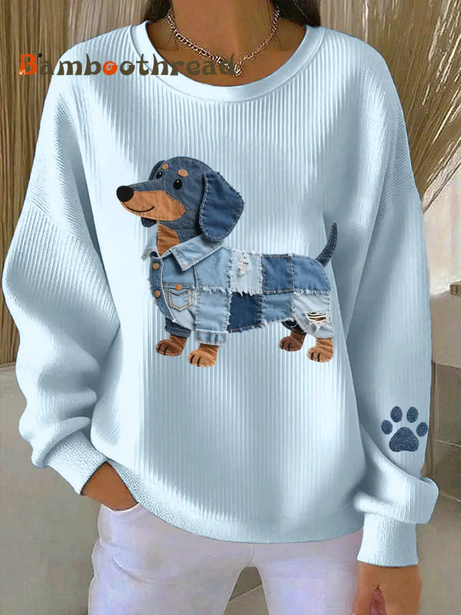 Women’s Denim Patchwork Art Dachshund Pattern Sweatshirt Light Blue / S