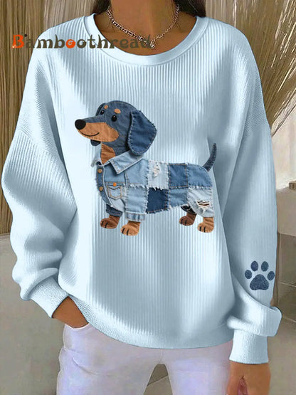 Women’s Denim Patchwork Art Dachshund Pattern Sweatshirt Light Blue / S