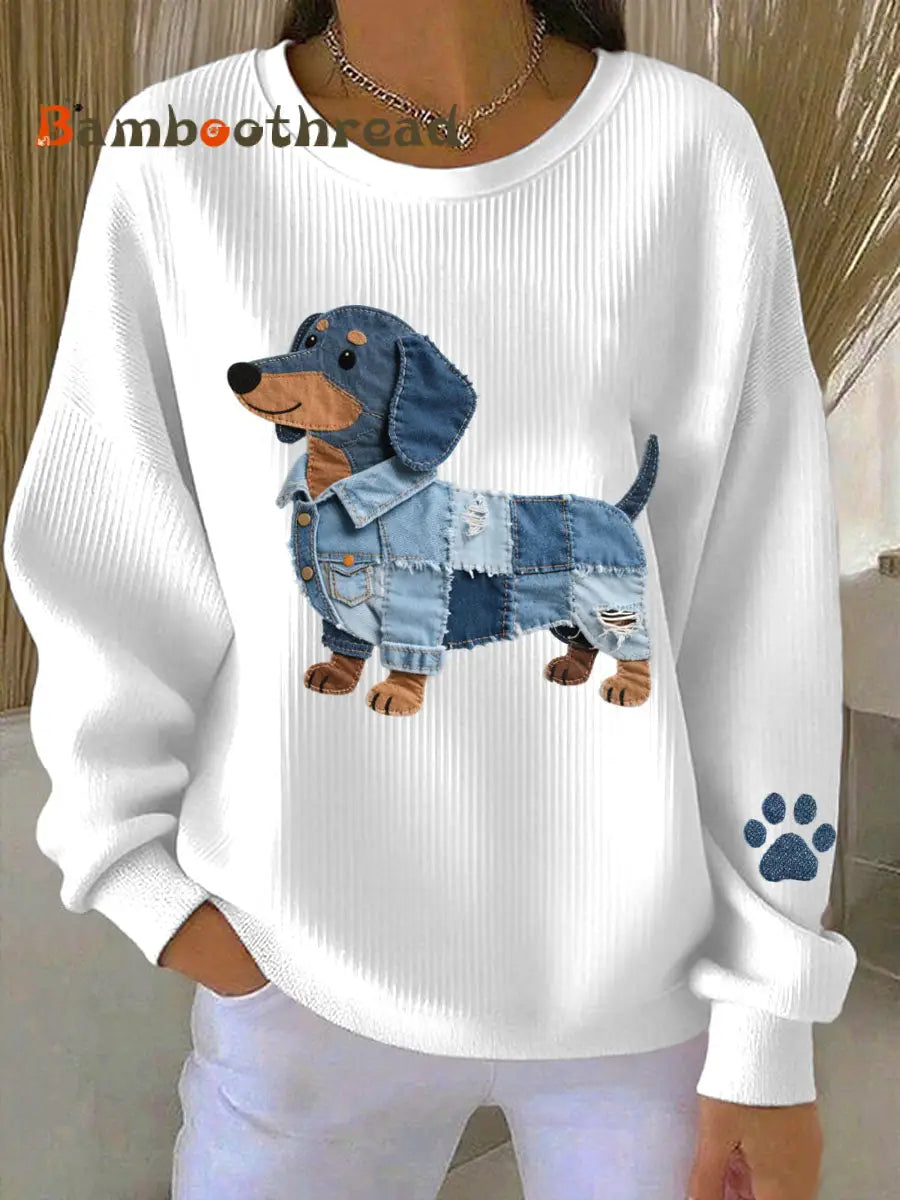Women’s Denim Patchwork Art Dachshund Pattern Sweatshirt White / S