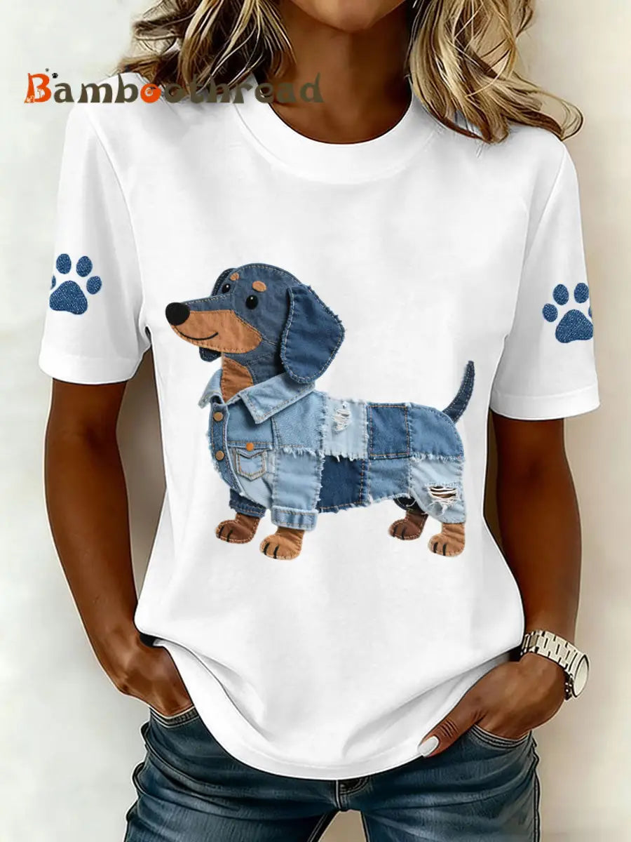 Women’s Denim Patchwork Art Dachshund Pattern T-Shirt White / S