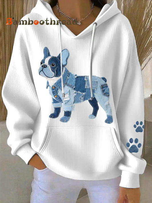 Women’s Denim Patchwork Art French Bulldog Pattern Hoodie White / S