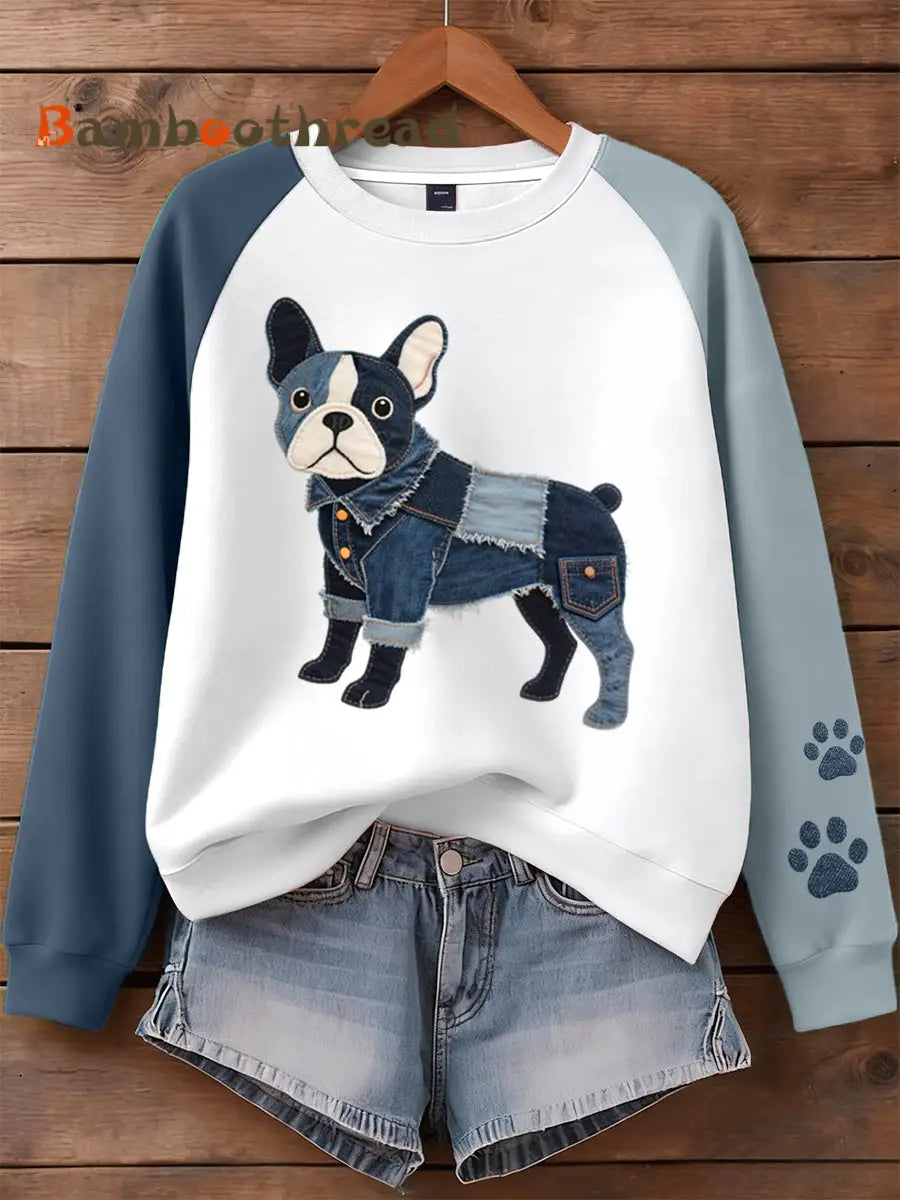 Women’s Denim Patchwork Art French Bulldog Pattern Sweatshirt As picture / S