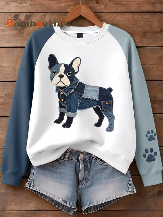 Women’s Denim Patchwork Art French Bulldog Pattern Sweatshirt As picture / S
