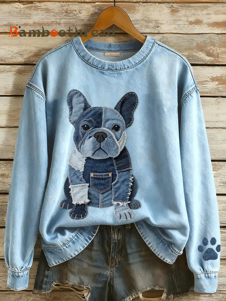 Women’s Denim Patchwork Art French Bulldog Pattern Sweatshirt Blue / S